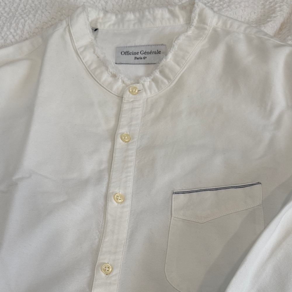 Officine Générale White Button-Up Shirt With Banded Collar & Pocket
